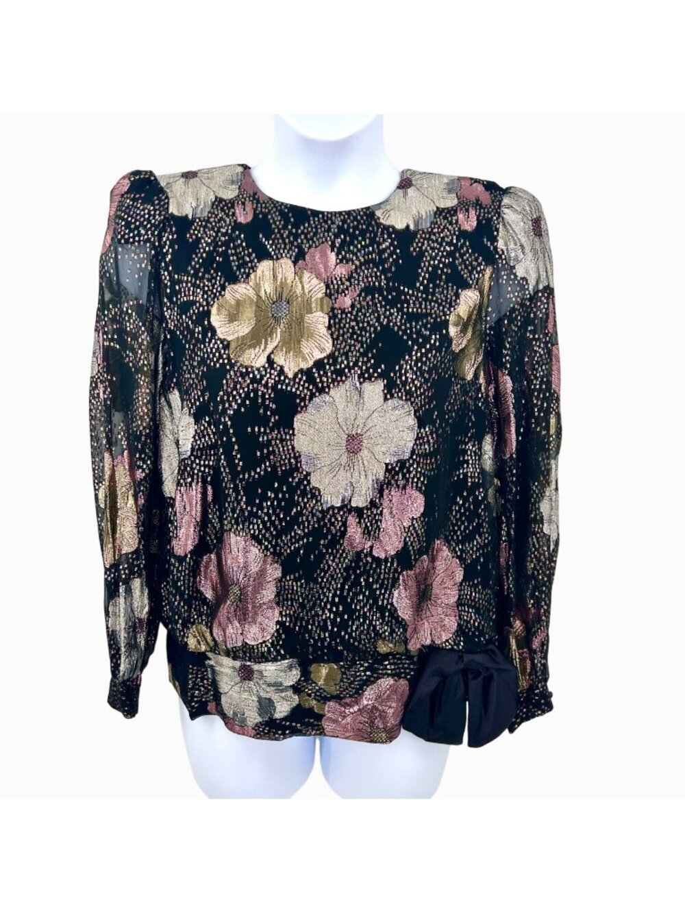 VINTAGE HAL FERMAN METALLIC FLORAL 80'S SHEER SLEEVE TOP W/ BOW ACCENT - 12 USA